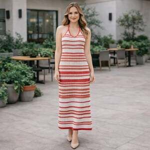 Freshman 1996 Crochet Halter Maxi Dress Red White Striped Size XS
